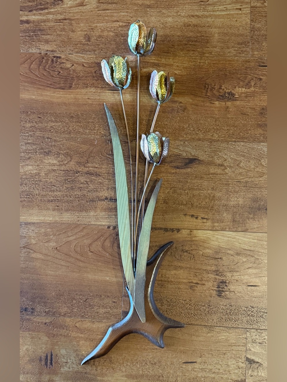 MCM Brutalist Brass Copper Tulip Sculpture 26" Hollywood Regency Wall Floral Art
